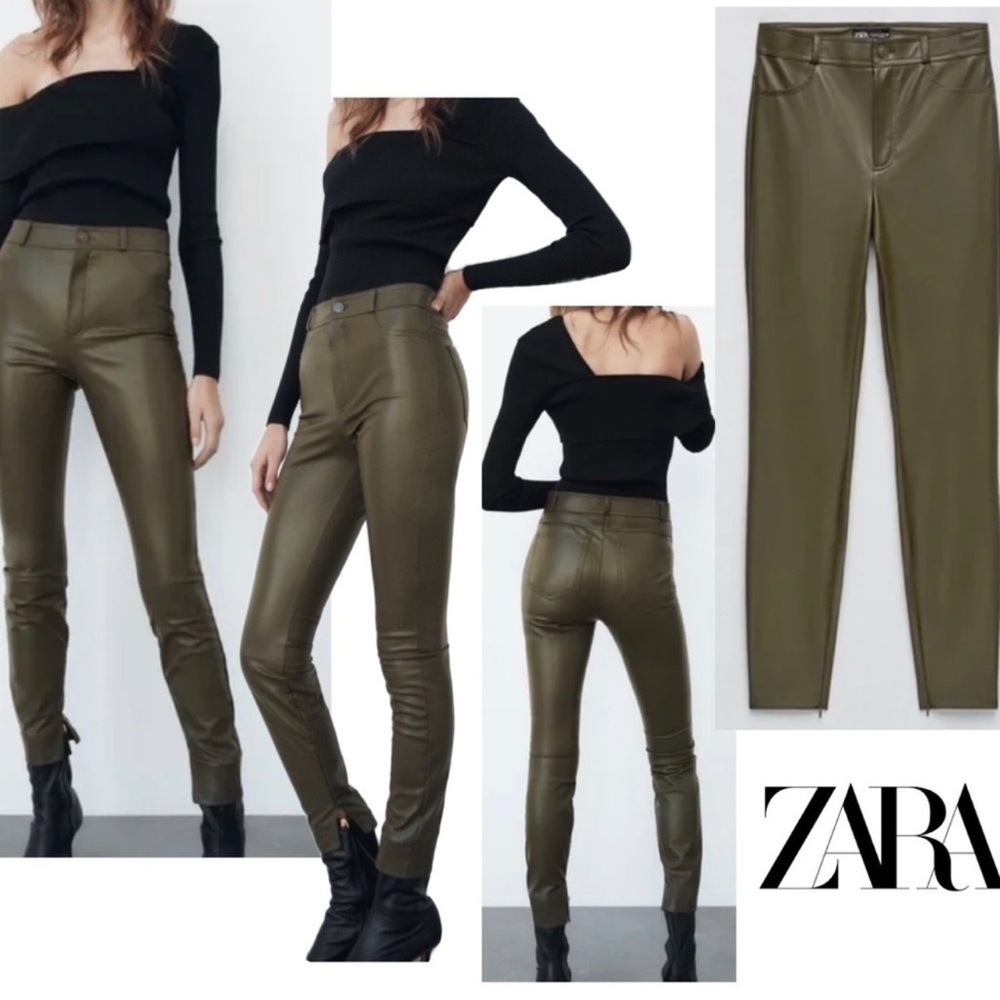 Zara olive khaki green faux leather high-rise leggings Sz M NWOT pleather vegan
